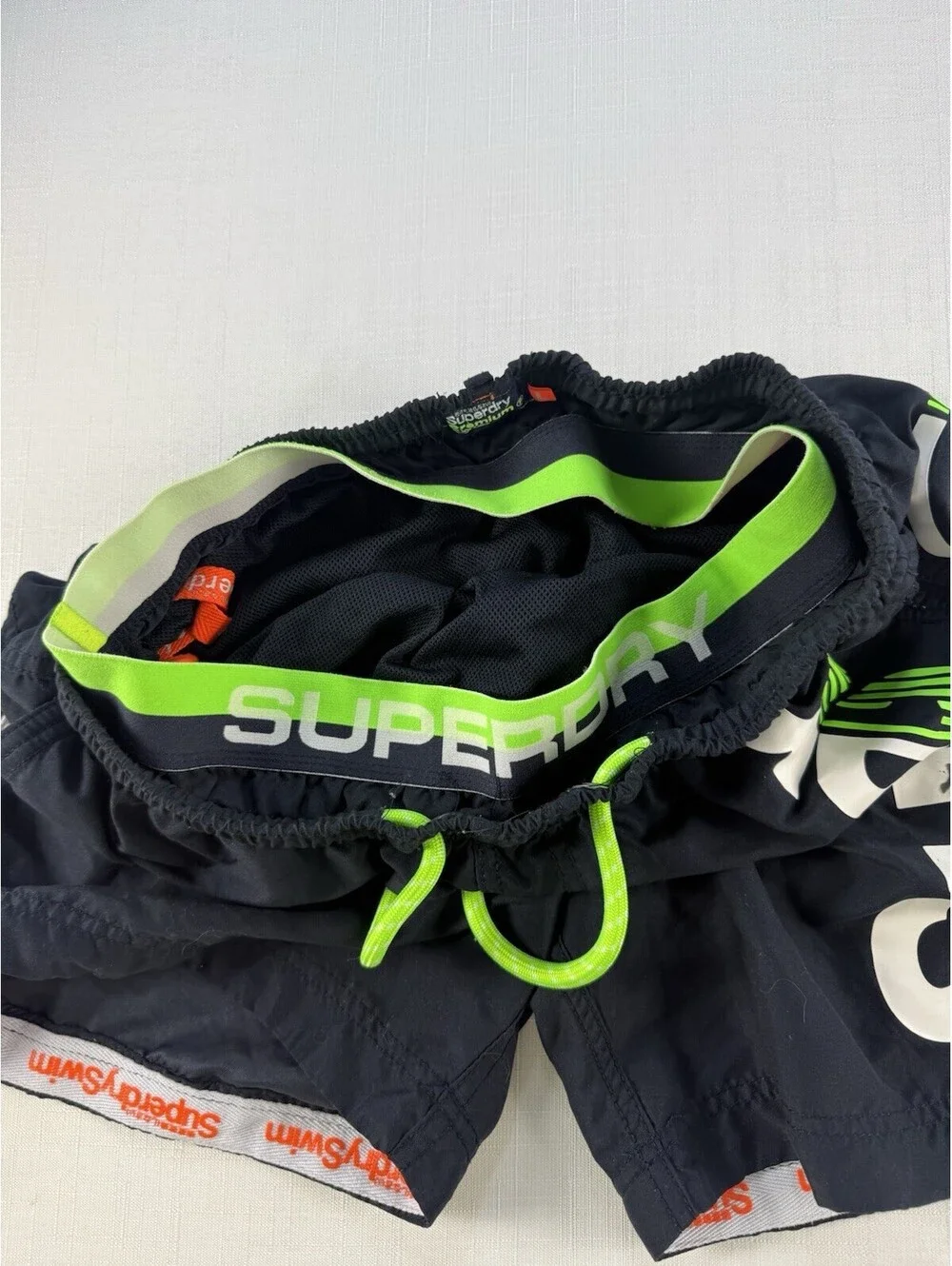 Superdry Premium Swim Shorts Men’s Large Black Green Logo Lined Beach Trunks